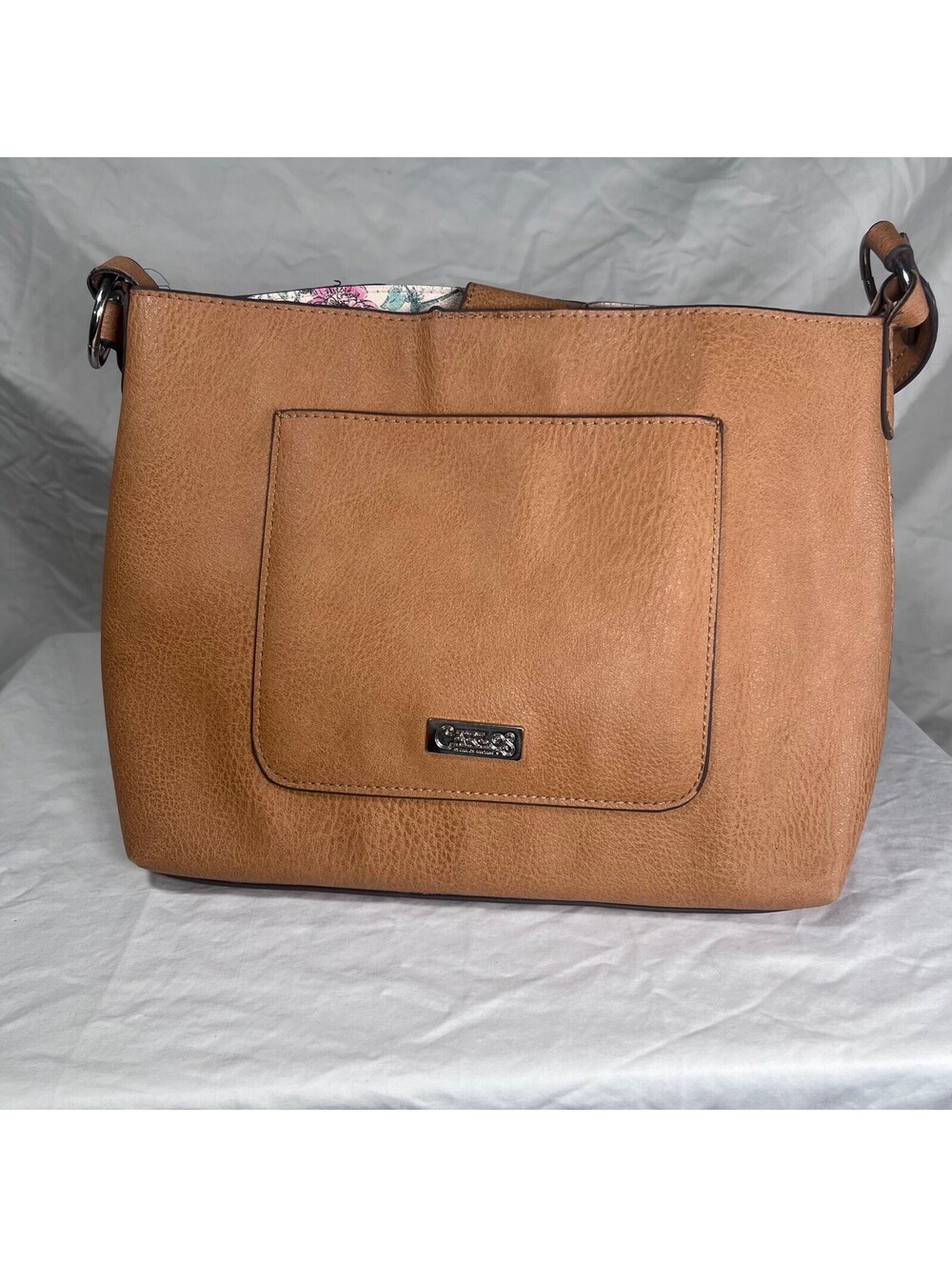 Carlos by Carlos Santana Tan Pebbled Faux Leather Shoulder Bag Floral Lining